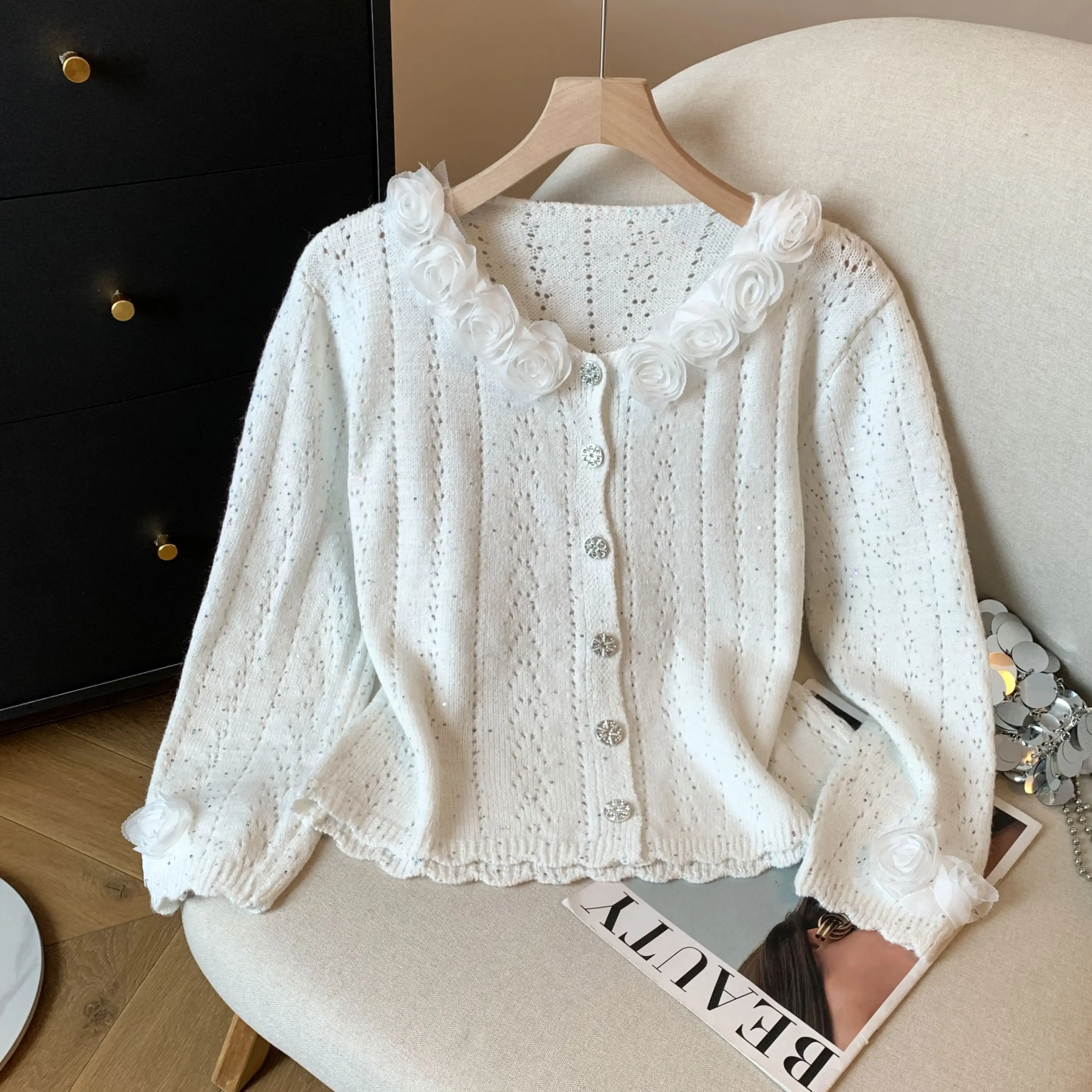 

Милый вязаный открытый кардиган с цветочным принтом, женский свободный повседневный свитер, верхняя одежда, осенний сезон, элитный прямой топ без рукавов