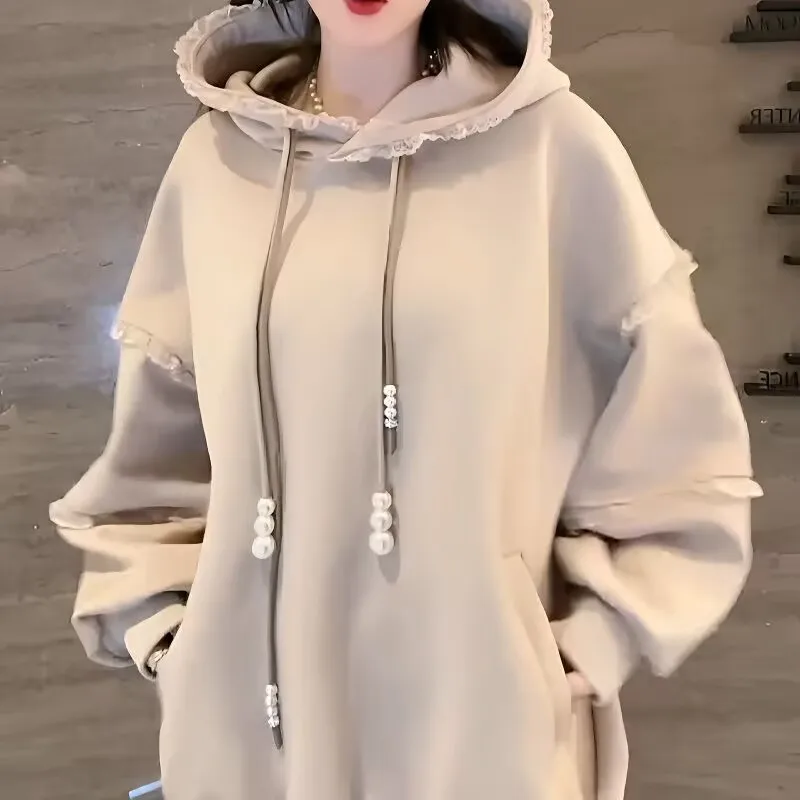 Oversized Women Lace Fleece Hoodies 2025 Female Casual Sweatshirt Korean Style Autumn Long Sleeve Hooded Winter Woman Pullovers