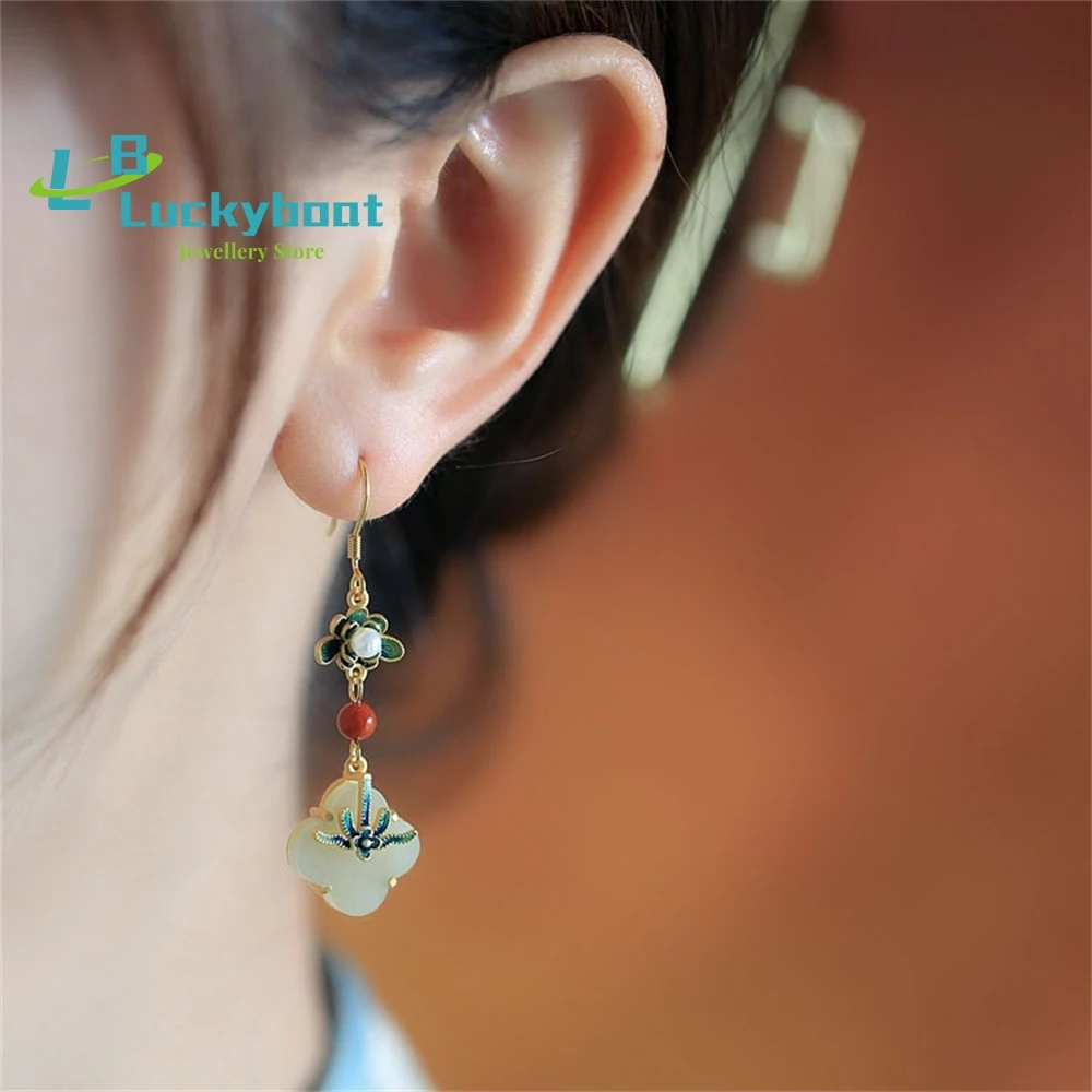 Classical Hetian Jade Earrings Women's Long Four-Leaf Clover Enamel Pearl Southern Red Country Tide With Cheongsam Ear Hooks