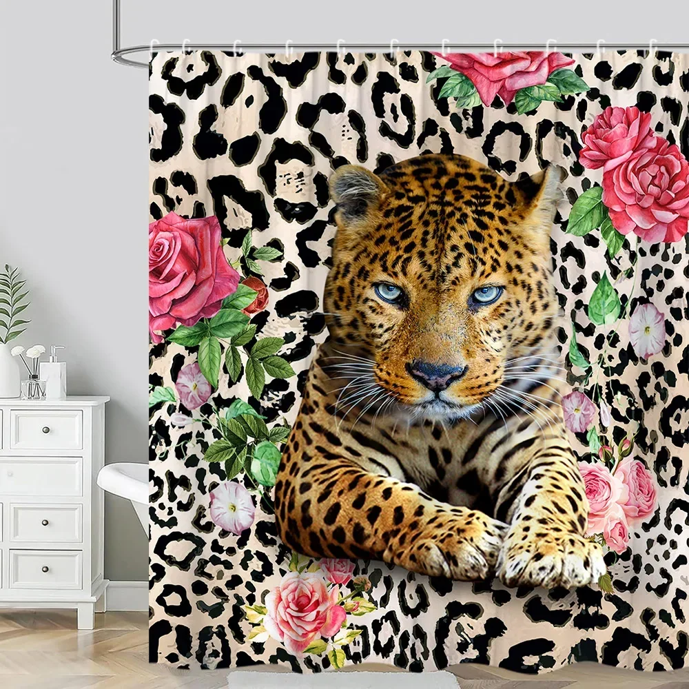 Leopard Textured Shower Curtain, Vintage Striped Brown Floral Creative Geometric Modern Plants Polyester Bathroom Decor Curtai