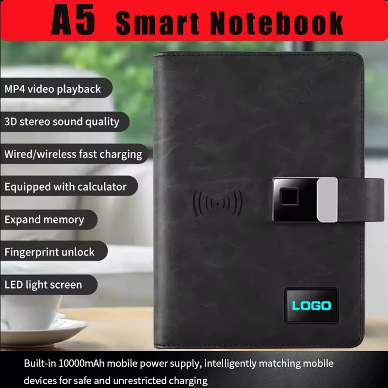 A5 Smart Notebook with Wireless Charger 10000mAh,Fingerprint Unlock,Card Pocket,Calculator,Vedio Music Player,4.3inch HD Display