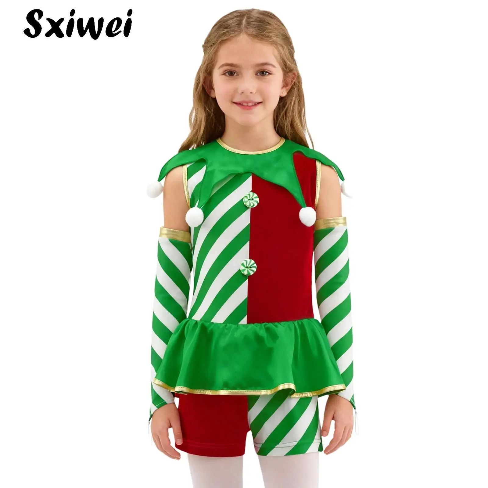 

Girls Christmas Elf Dance Costume Candy Cane Striped Shorty Unitard Dress One Piece Bodysuit Jumpsuit Xmas Holiday Dance Outfits