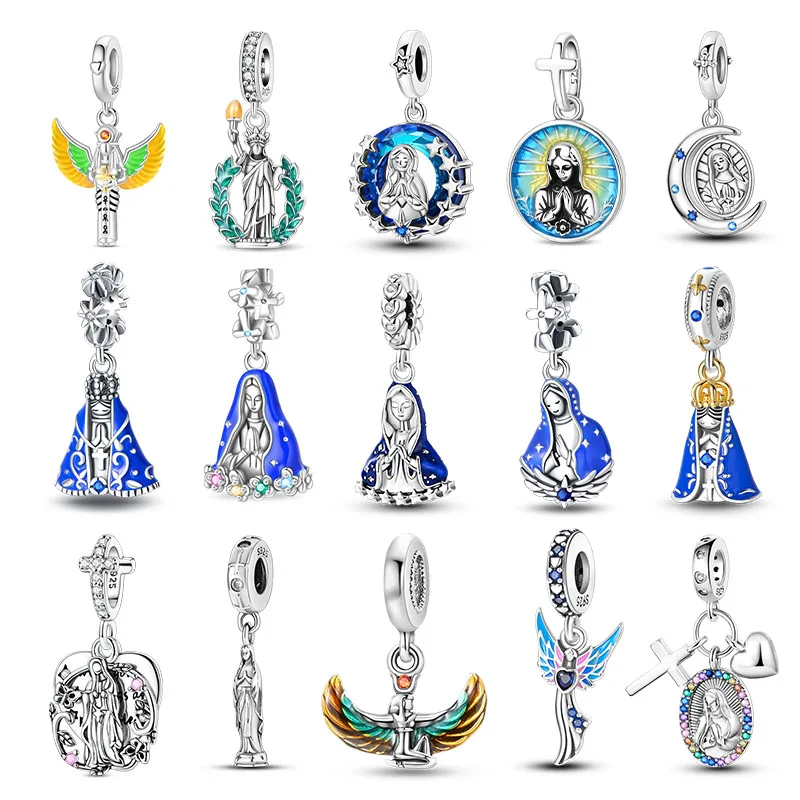 New 925 Sterling Silver Virgin Mary Deep Blue Golden Goddess Beautiful Blessing Charms Beads Fit 3mm DIY Fine Jewelry Gifts