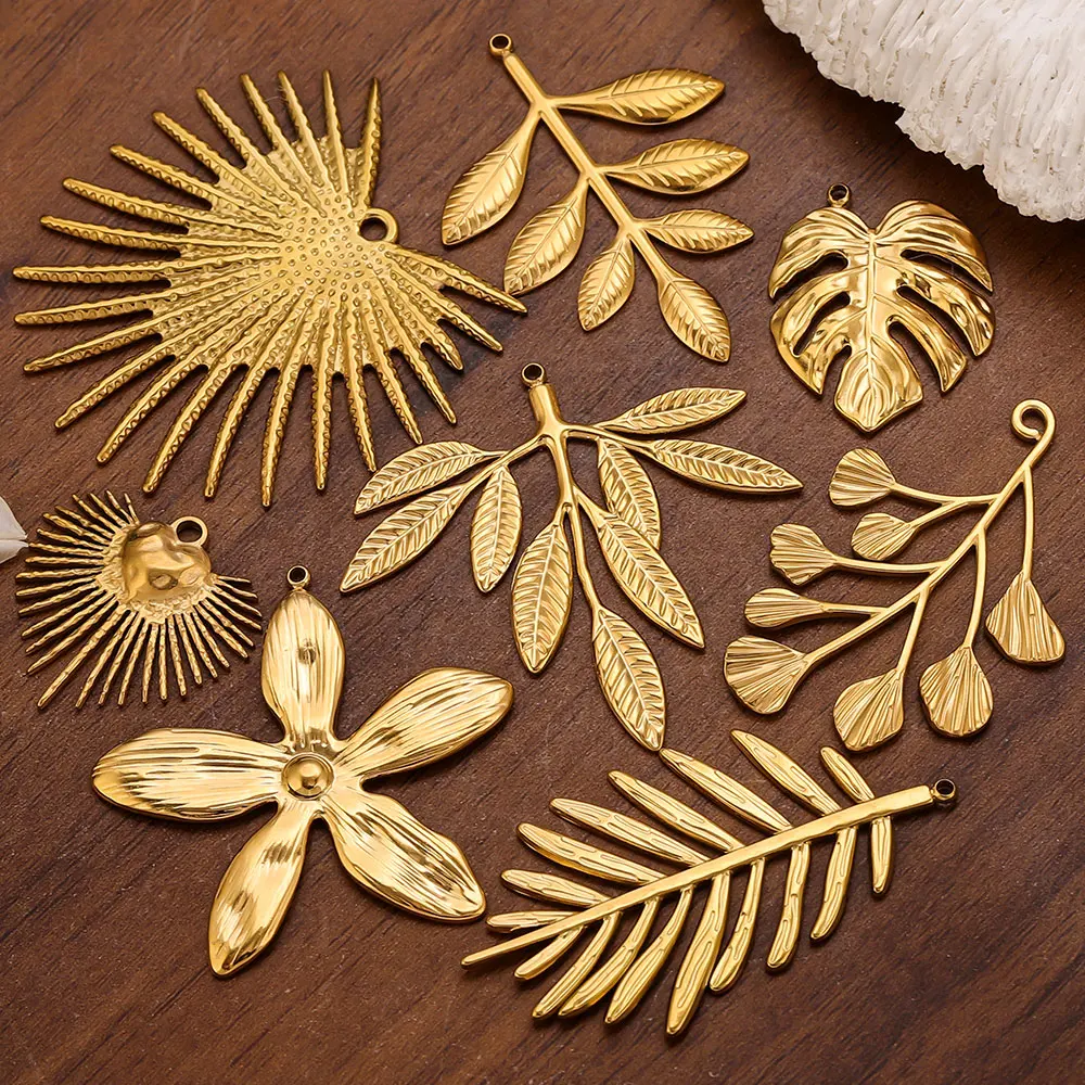 5PCS Stainless Steel Large Leaf Flower Charms for Women Jewelry Making Pendants Necklace Plant Charms Connector Craft Supplies