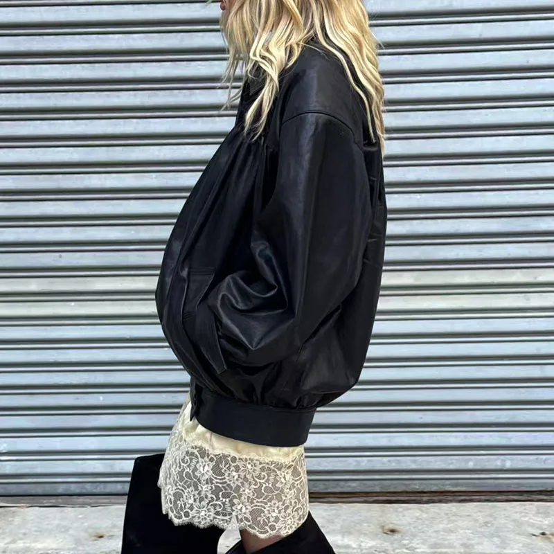 

2026 Early Spring new style American retro fashionable black leather jacket, women's lapel loose leather jacket
