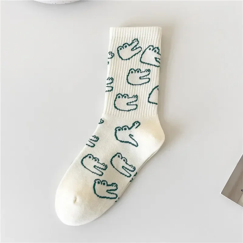 Women's Spring Autumn Green Smiling Face Cotton Socks Kawaii Korean Japanese Designer Cartoon Dinosaur Print Casual Stockings