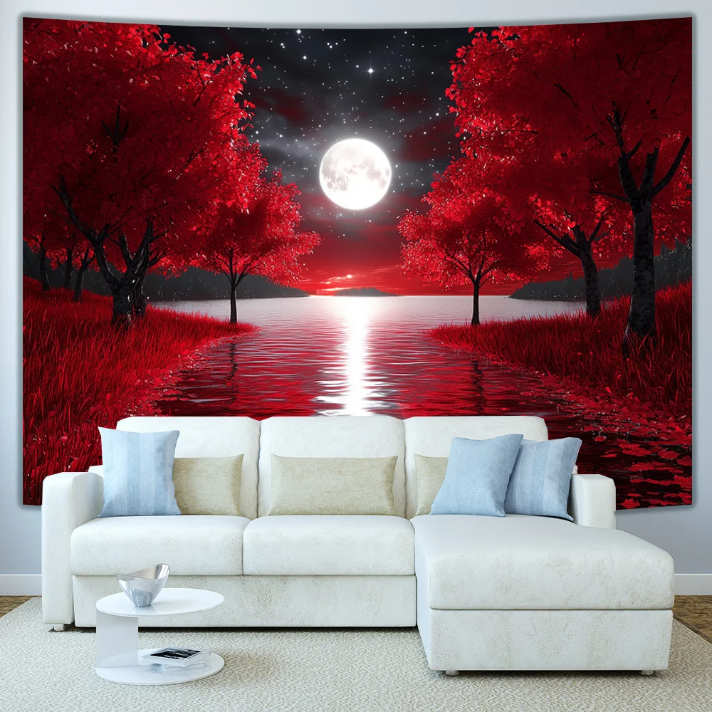 Tapisserie murale d'arbres et de lune de nuit rouge, 1 pièce, décor artistique suspendu en Polyester 3D, paysage clair de lune tranquille avec arbres rouges et