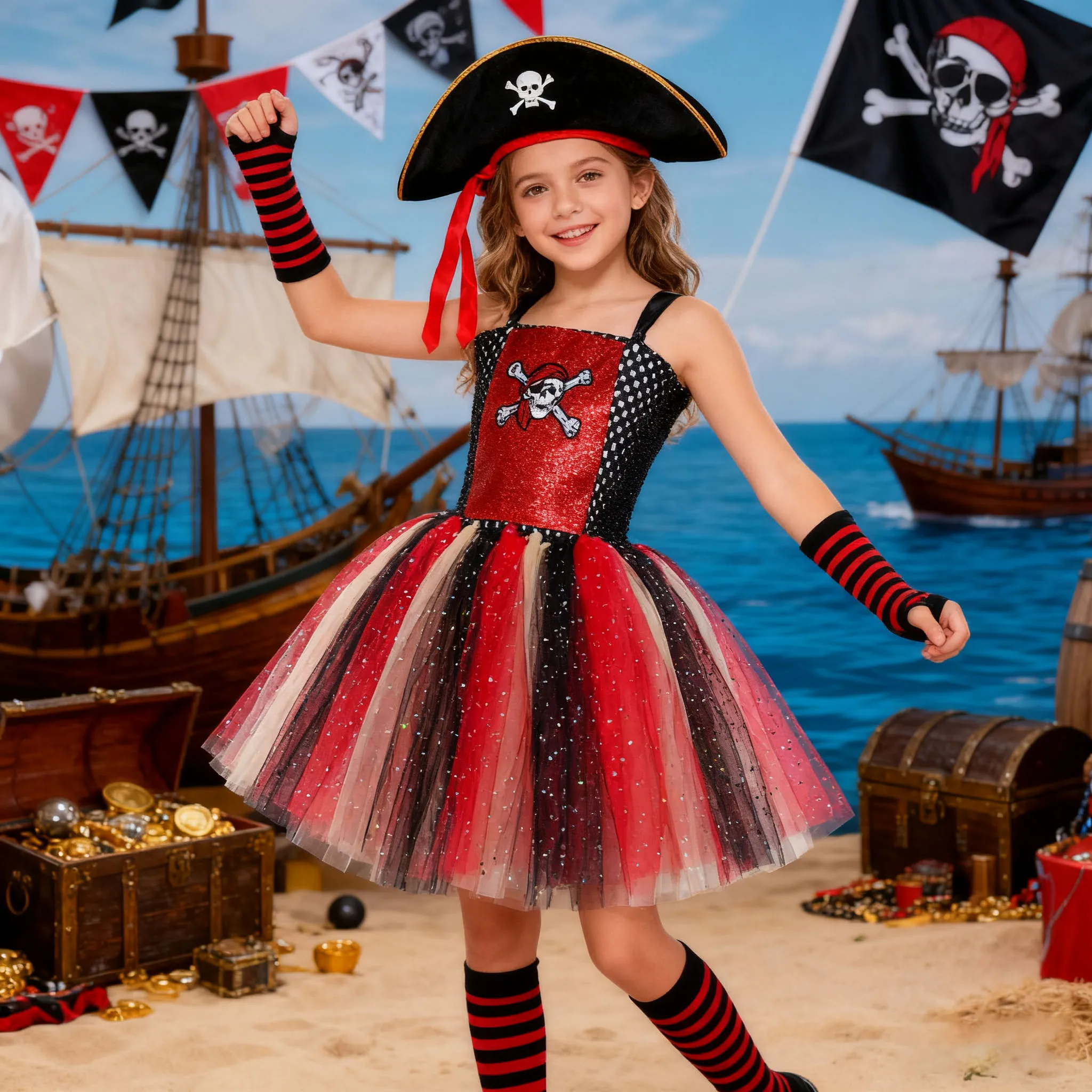 

Детский костюм пирата на Хэллоуин, черно-красное платье принцессы капитана пирата с комплектом аксессуаров, детская одежда с блестками для девочек