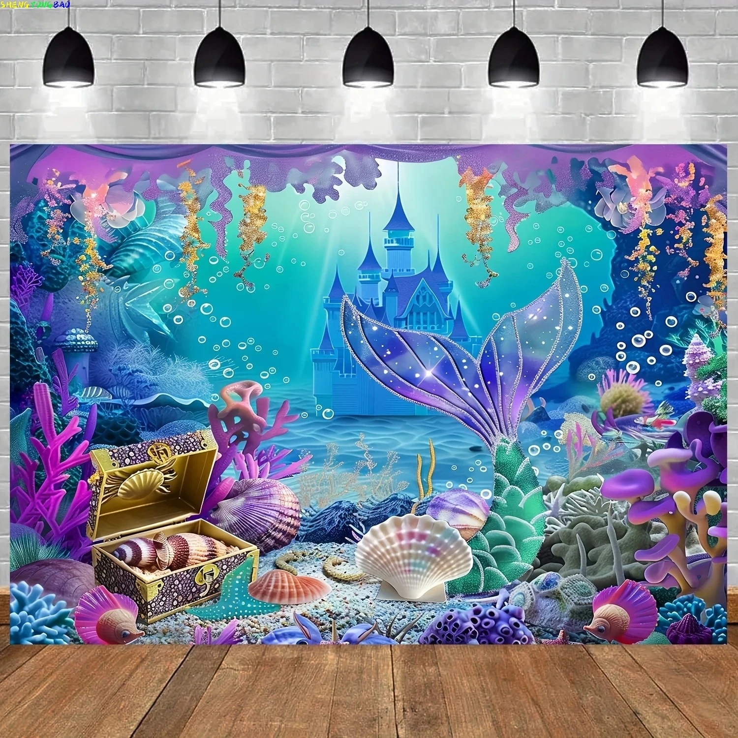 

Mermaid themed polyester background banner, thick fabric party decoration