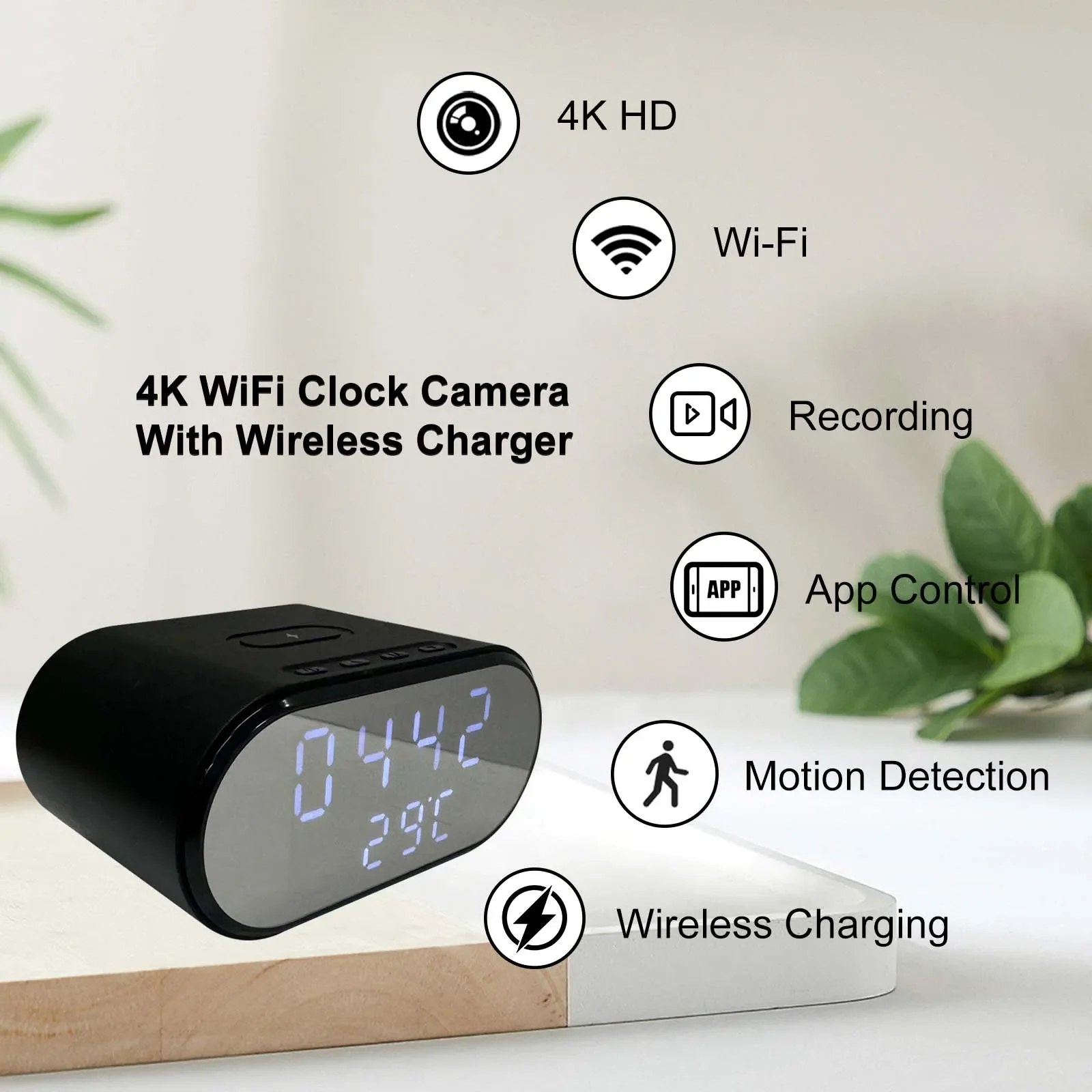 Smart 4K HD Clock Camera with WiFi, Motion Detection, App Control & Wireless Charging – Ideal for Indoor Security Monitoring - Image 2