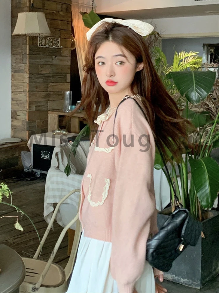 Winter Sweet Knitted Cardigan Women Pink Warm O-neck Vingate Sweater Coat Female Korean Fashion Casual Elegant Clothes 2023 New