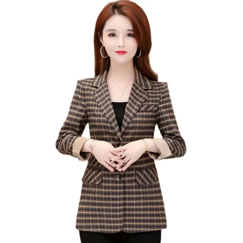 Fashion Design Suit Jacket Women's Blazer Middle-Aged Elderly Mother Spring Autumn Plaid Coat Tops Outerwear Female 5XL