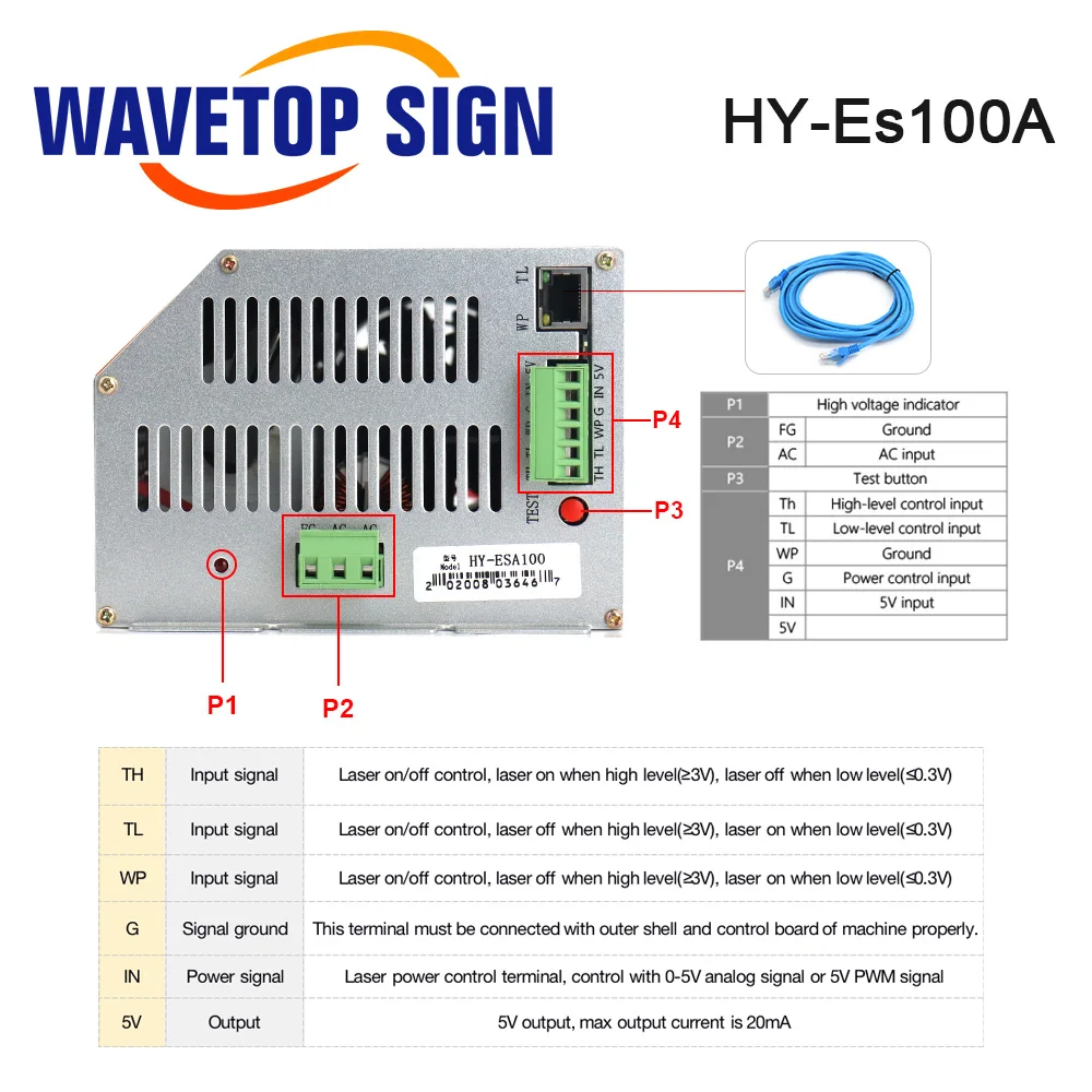 WaveTopSign 80 Вт HY-Es80A Источник питания CO2-лазера 100 Вт HY-Es100A для станка для лазерной гравировки и резки CO2 серии Es