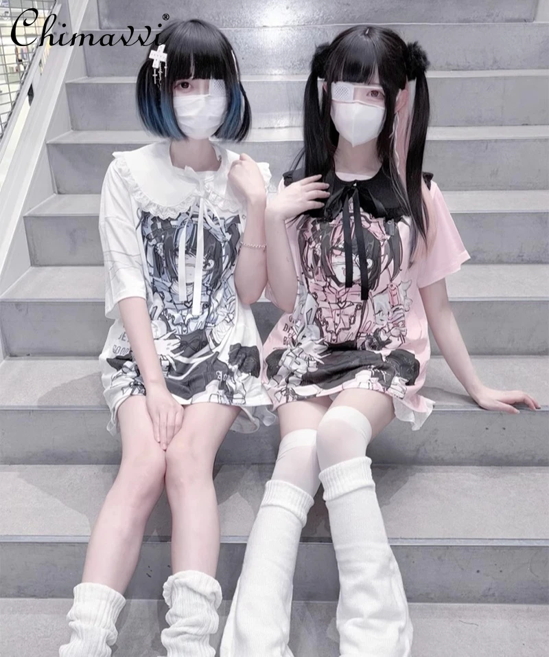

Japanese 2D T-shirt Sweet Cartoon Printed Off-Shoulder Doll Collar Subcultural Crew Neck Short Sleeve Loose Kawaii Tees Cute Top
