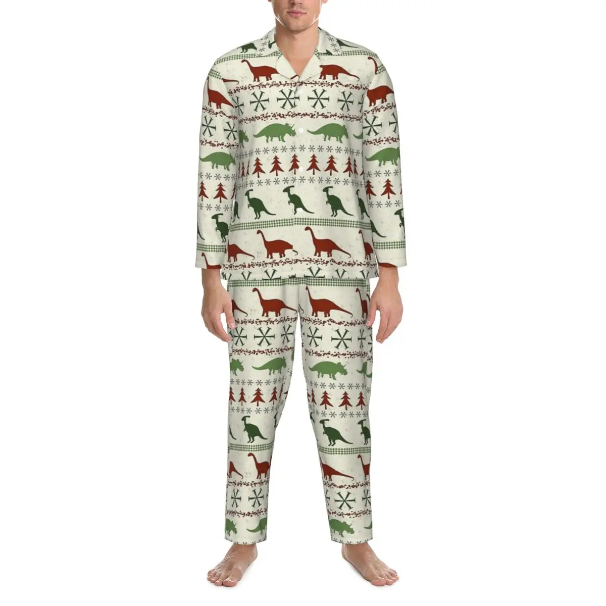 Pajamas Male Dinosaur Christmas Pattern Daily Nightwear Two Piece Retro Pajama Sets Long-Sleeve Trendy Oversized Home Suit