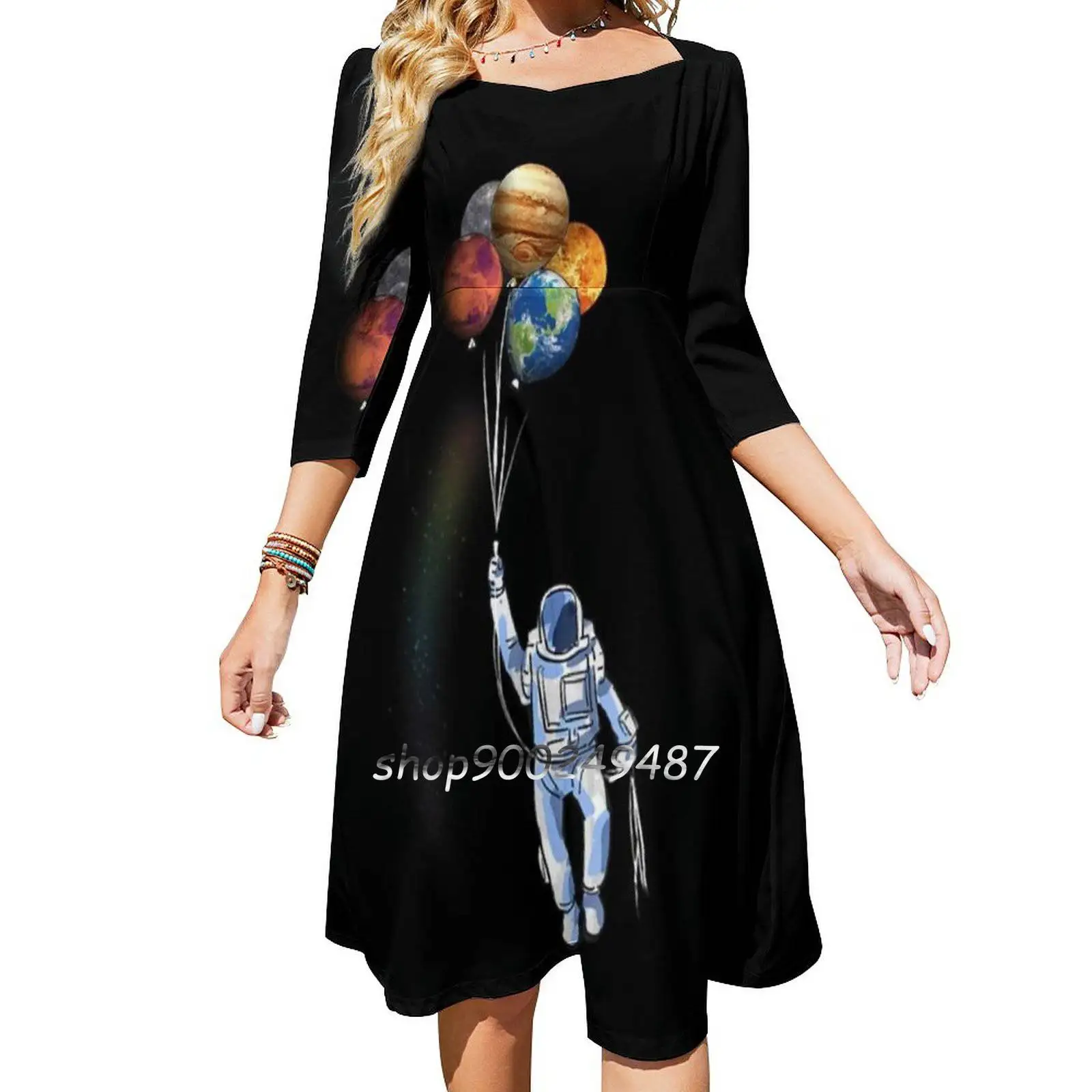 Astronaut Funny Space Spaceman Holding Planet Balloon Flare Dress Square Neck Dress Elegant Female Fashion Printed Dress