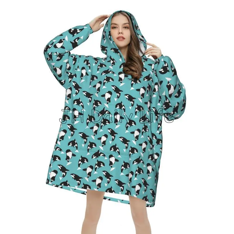 Killer Whale Orca Wearable Blanket Hoodie Oversized Sweatshirts Warm Cozy Fleece Sherpa Blankets with Pockets for Women Girls