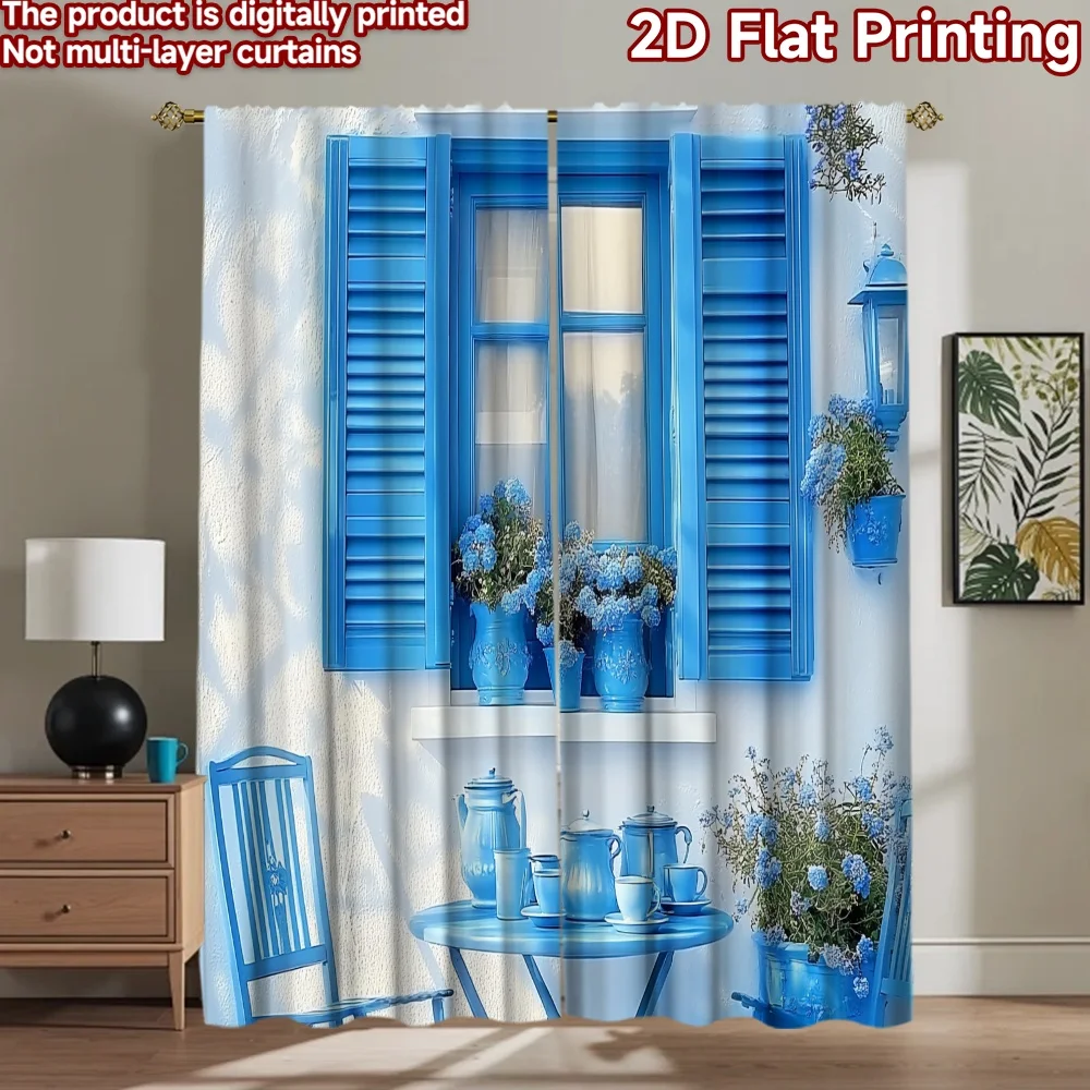 2D flat 2pcs Curtain French Romantic Style Blue Flower Scene Digitally printed polyester, colorfast Festive Holiday Use for
