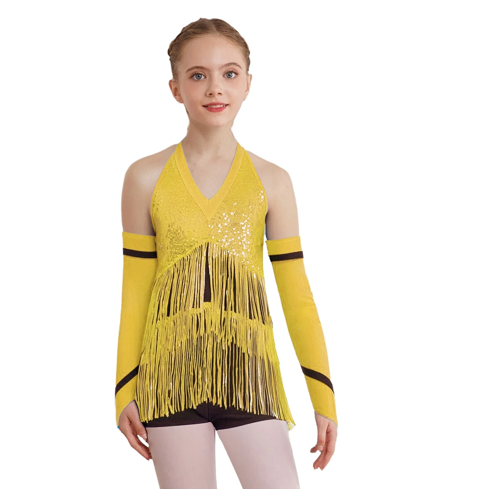 

Kids Girls Latin Jazz Dance Costume Halter Sleeveless Strappy Back Shiny Sequins Color Block Leotard with Gloves Set Streetwear