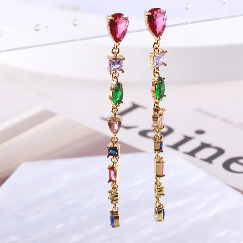 

KS European and American fashion trend niche design shines with water droplets square long elegant temperament earrings
