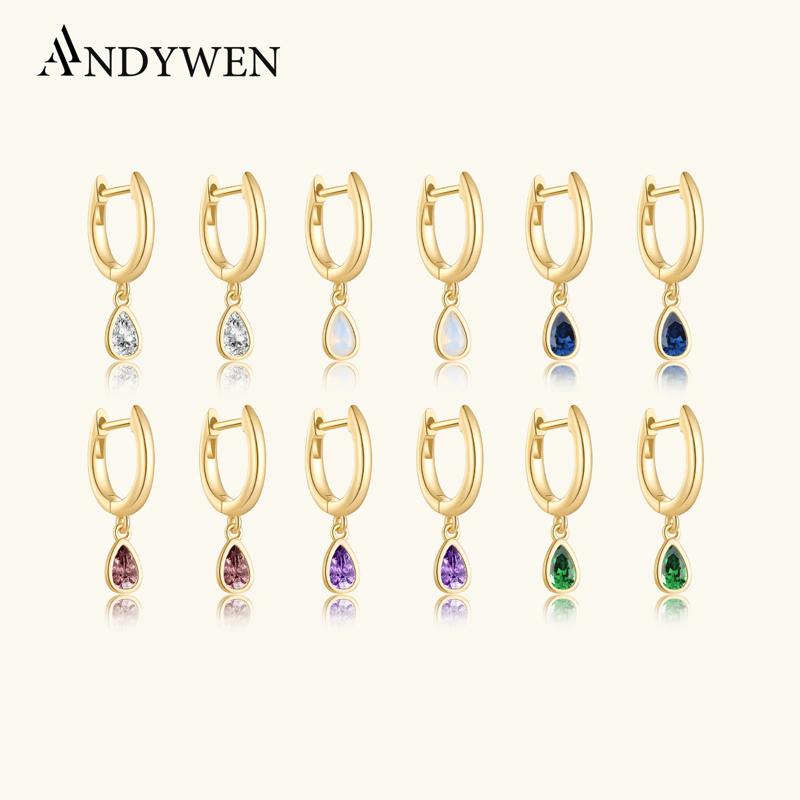 

ANDYWEN 925 Sterling Silver 7 Rainbow Zircon Ovals Drop Earring Piercing Pendiente Small Luxury Women Fashion Party Jewelry