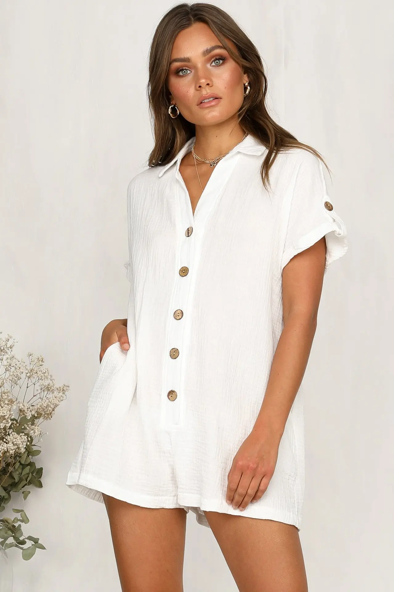 European and American fashion women's spring and summer new product: lapel shirt button jumpsuit
