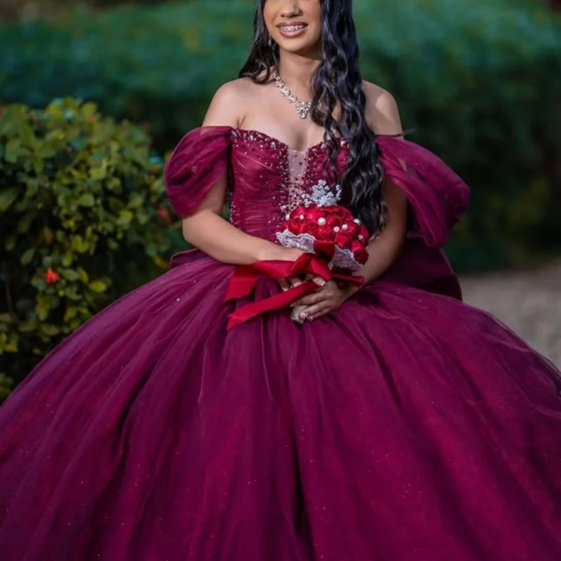 

Customized wine red Quinceanera Dresses Off the Shoulder sequin crystal applique Lace Bow Long tail Vestido 15 Quinceanera