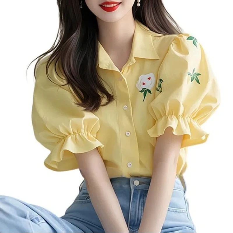 Sweet Print All-match Youth Shirt Tops Summer New Short Sleeve Solid Loose Yellow Fashion Blouse Elegant Korean Women Clothing