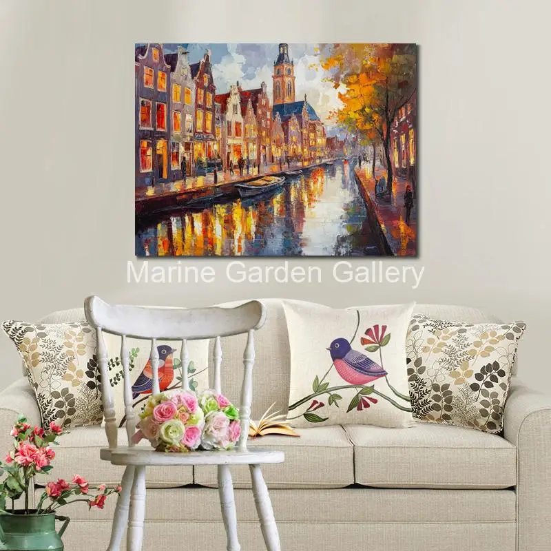 Abstract Cityscapes Canvas Artwork Wall Art Handmade Oil Painting Utrecht Canal Modern Landscape for Bathroom Home Office Decor