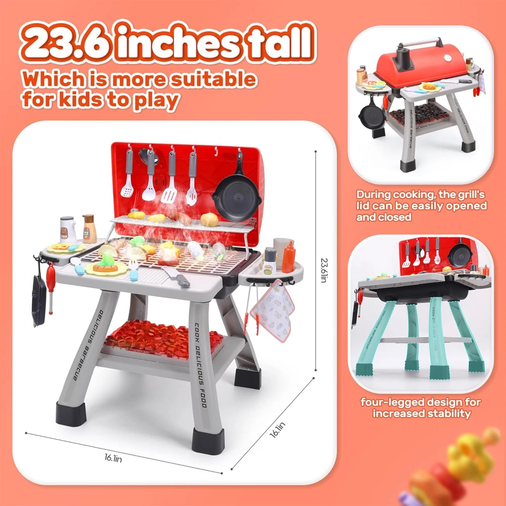 Ensemble de jeu de barbecue pour enfants, ensemble de jouets de cuisine, ensemble de jeu de fumée réaliste, jouets interactifs d'intérieur et d'extérieur pour garçons et filles