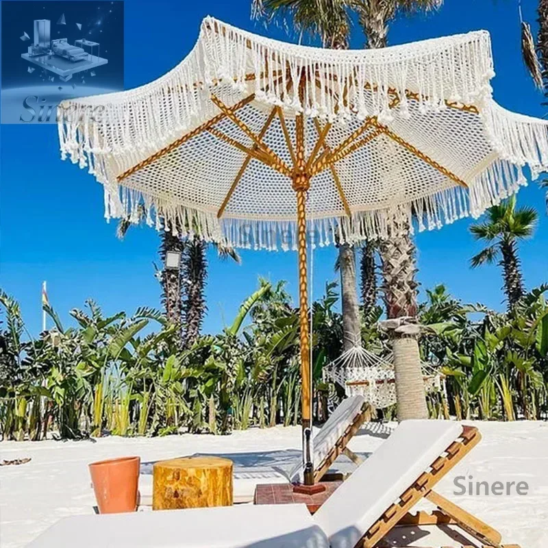 

Outdoor Garden Decoration Hollow Sun Umbrella Adjustable Wooden Skeleton with Tassel Woven Beach Garden Central Pillar Umbrella