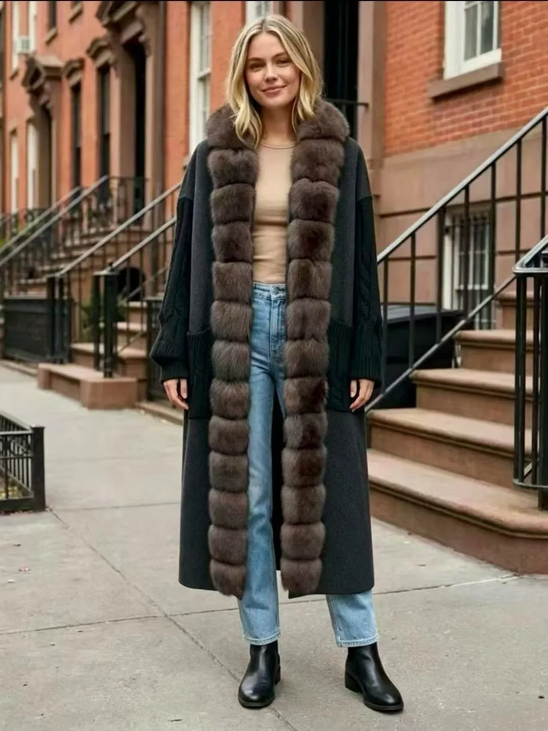 New Luxury Winter Real Natural Fox Fur Collar Woolen Blends Knit Long Overcoats Women Loose Warmth Cashmere Fur Jacket
