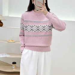 Women's Clothing Half High Collar Pullover Sweater Knitted Geometric Long Sleeve Screw Thread Contrast Color Autumn Winter Tops
