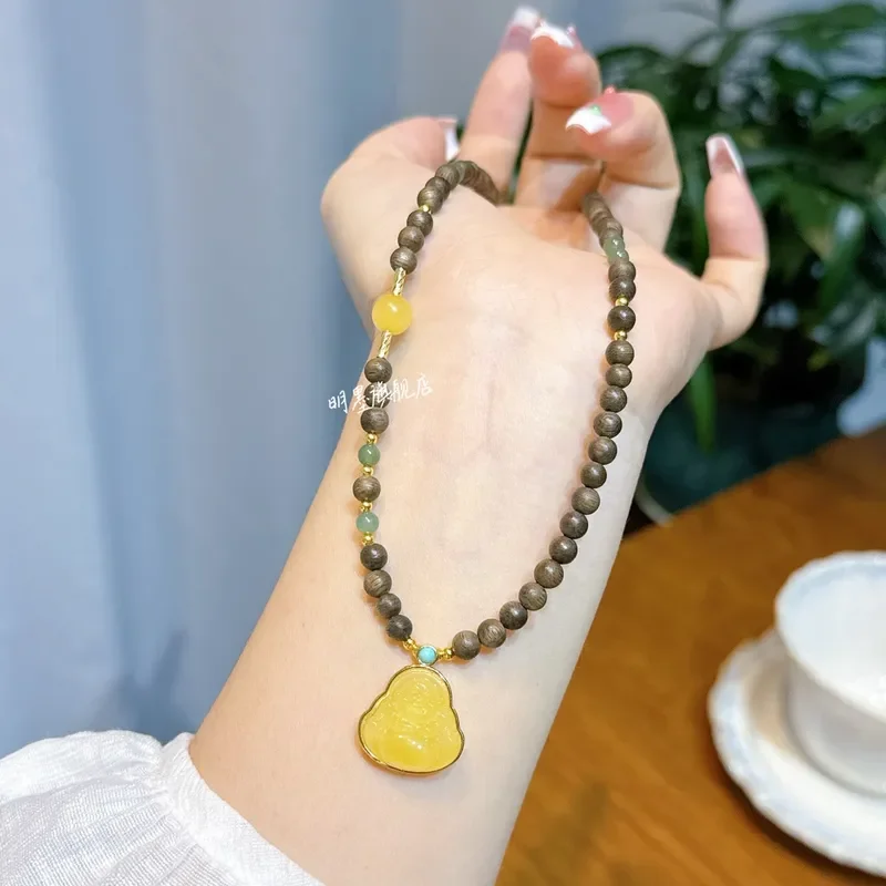 Agarwood necklace, natural beeswax smile, always open Buddha pendant necklace, simple style design