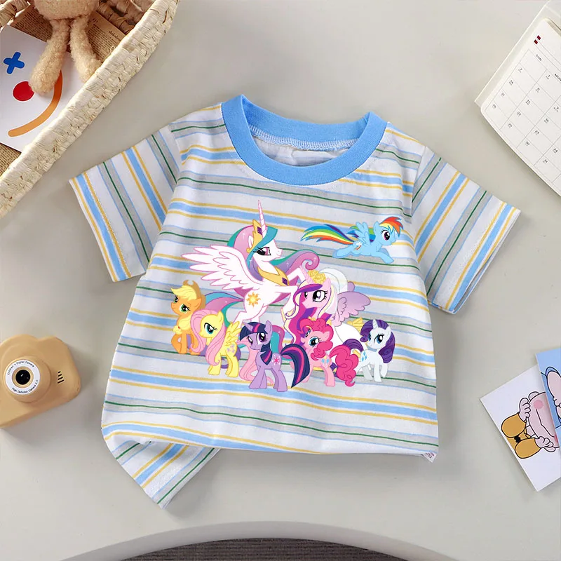Camiseta listrada dos meus pequenos ponys, roupas infantis kawaii, unicórnio, desenho animado, anime, manga curta, roupas para casa, top kawaii