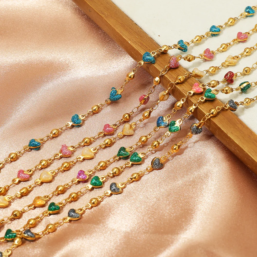 1メートルステンレス鋼5mm幅ハートエナメルビーズチェーン、 - Beaded Anklet Chain のレビューと価格