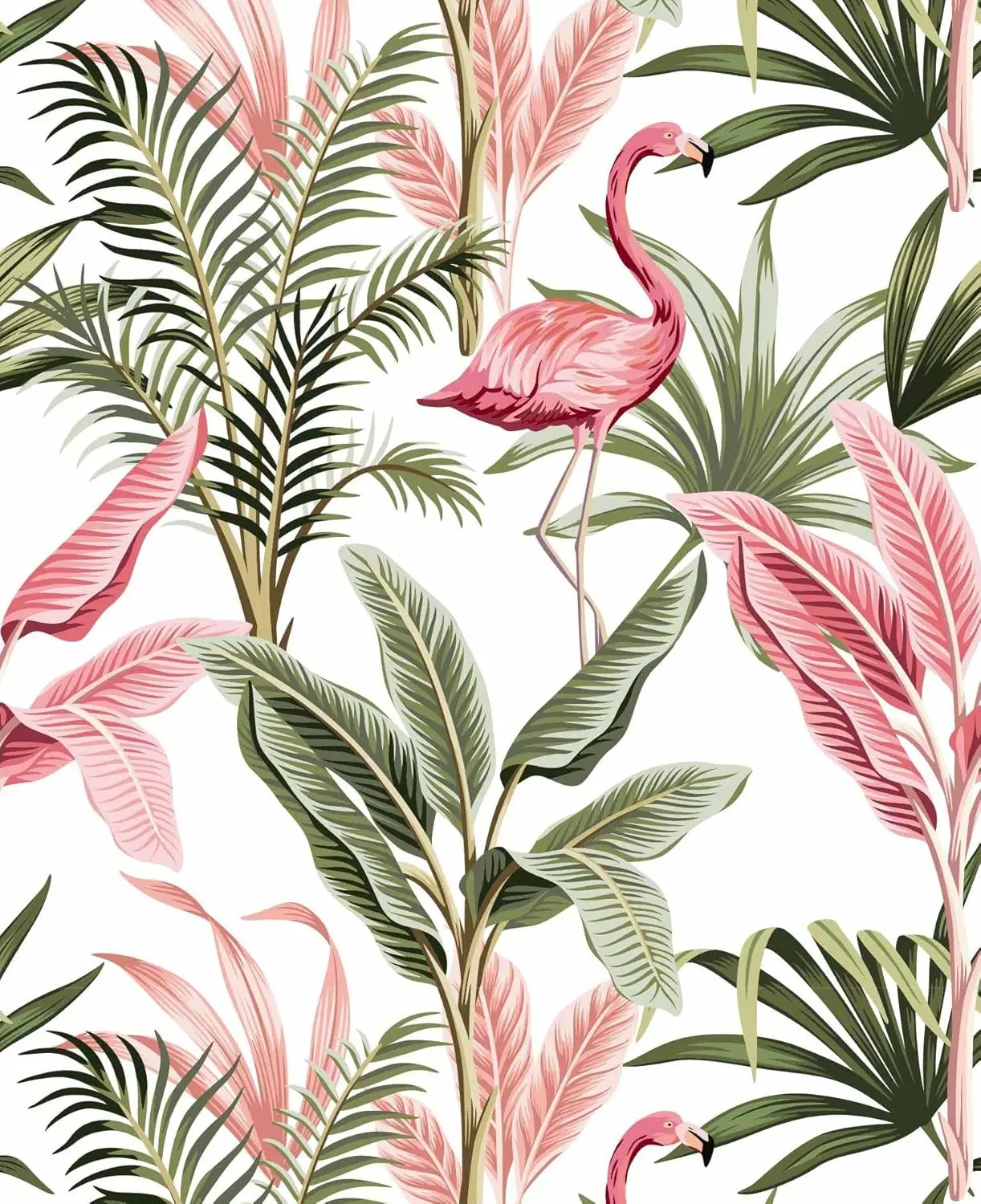 Watercolor Pink Flamingo Tropical Peel and Stick Wallpaper Removable Green Leaf Vinyl Self Adhesive Wallpaper for Wall Decor