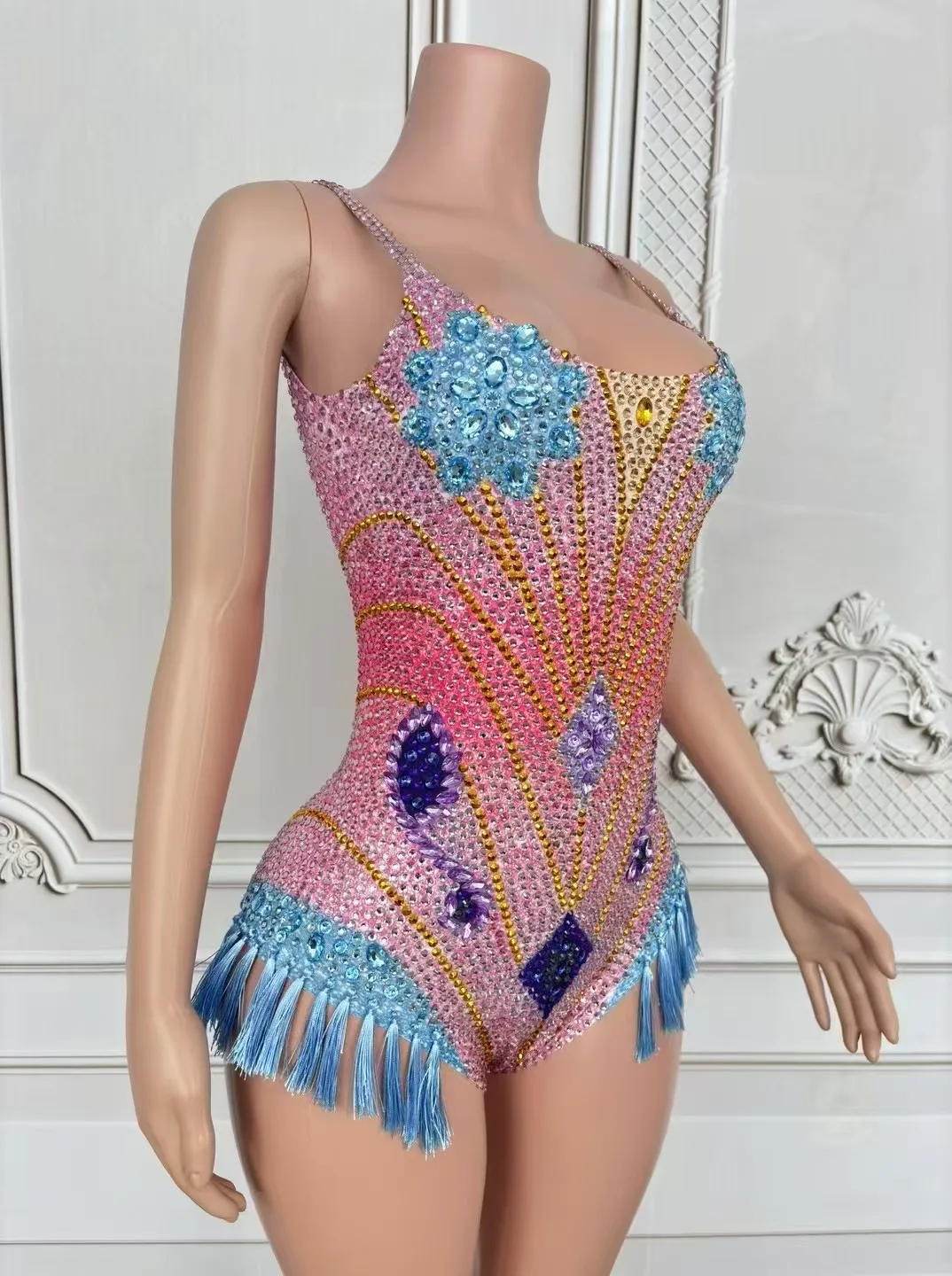 Sexy podium roze blauw strass bodysuit gogo danseres kostuum verjaardag nachtclub bar club danskleding sexy franje partij rave outfit