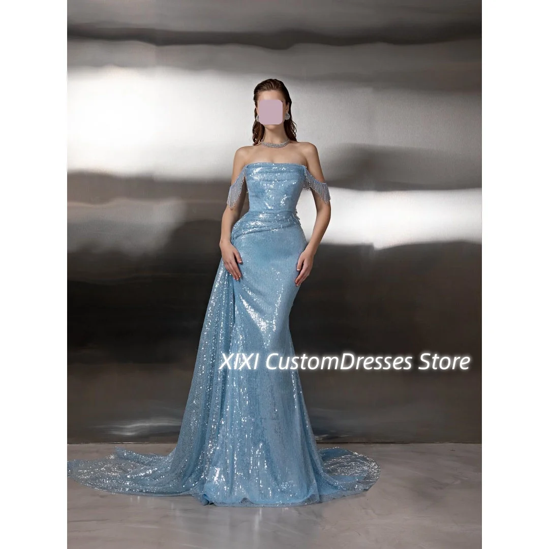 Customize فساتين سهرات Mermaid Off-The-Shoulder Floor-Length Dresses For Prom Ruffle Sleeveless Zipper Up Dresses For Special Ev