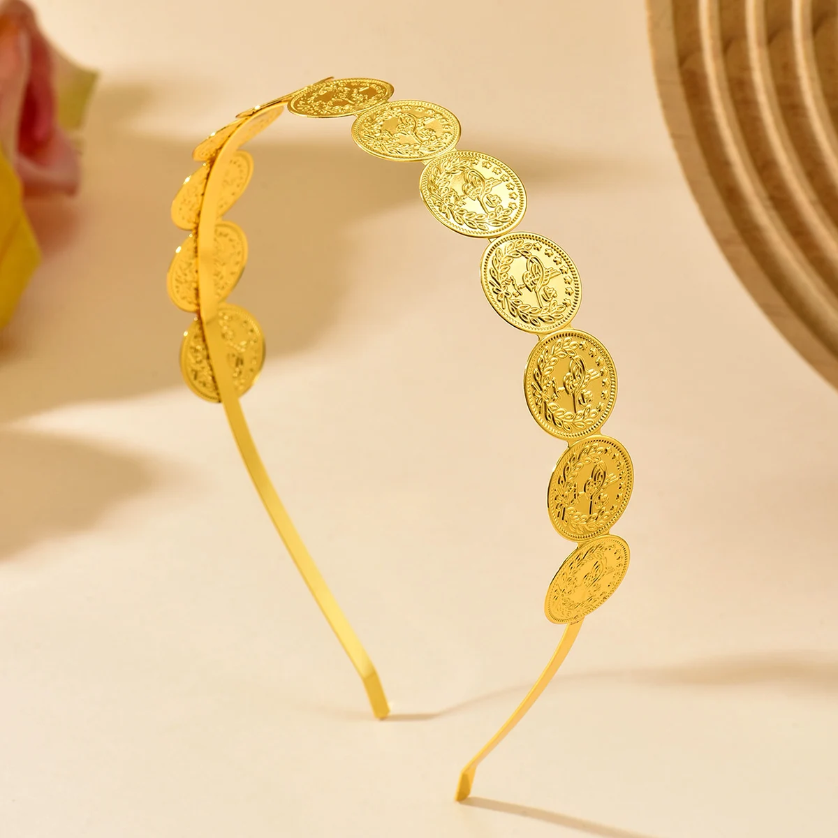 Bohemian Gold Coin Headband Sequined Oval Engraved Coin Hair Band Lightweight Ethnic Hair Accessory for Ladies Party