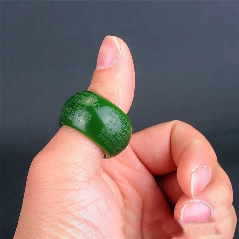 Genuine Natural Green Jade Heart Sutra Ring Men Healing Jewelry Real Chinese Hetian Jades Stone Nephrite Hand-carved Thumb Rings