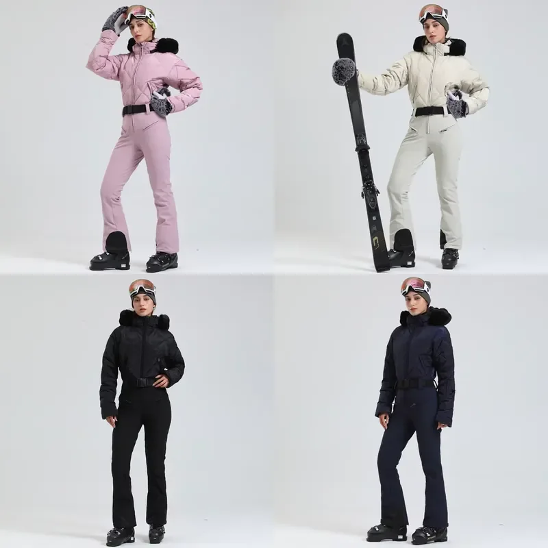New Women's Hooded Ski Suit Windproof Waterproof Down Warm Outdoor Sports Double Board Foreign Trade One-piece