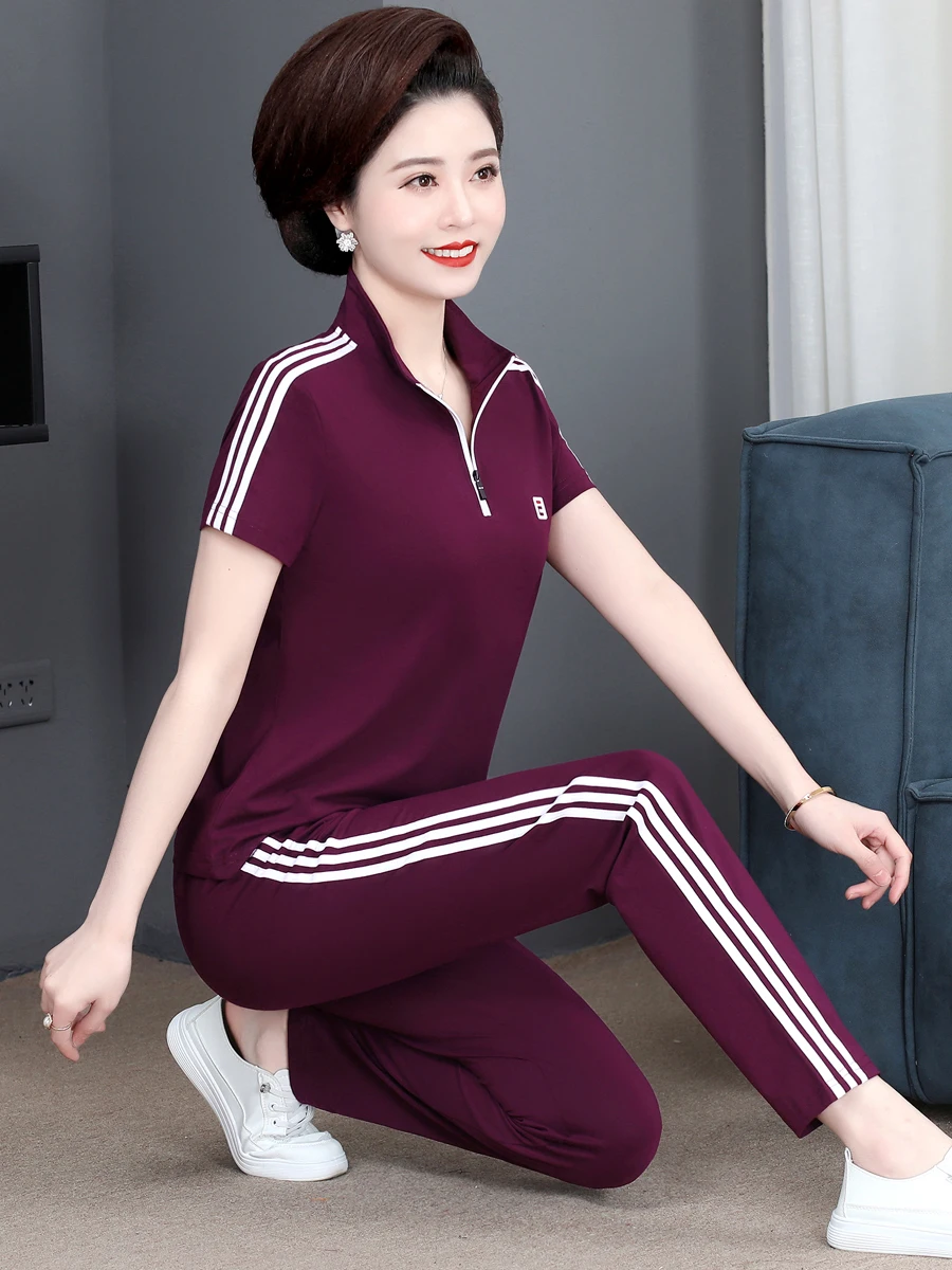 

Летний спортивный костюм для женщин среднего возраста, комплект из двух предметов, повседневный, из смесового хлопка и полиэстера, с полосатым узором