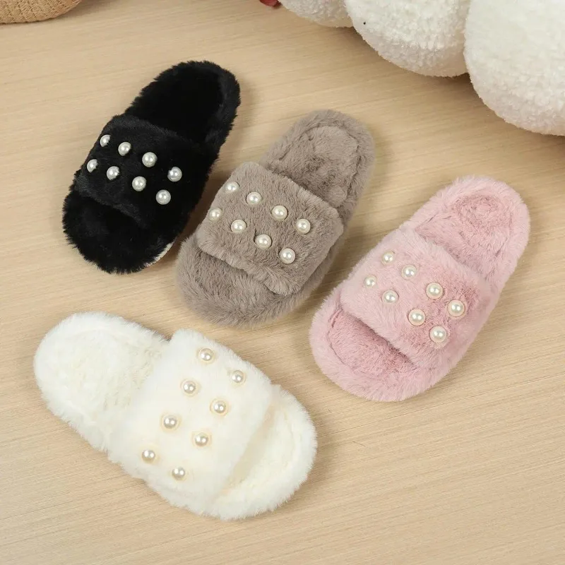 Cute Children Furry Cotton House Slippers Soft Thick Sole Warm Anti Slip Slip on Indoor Footwear for Little Boys and Girls