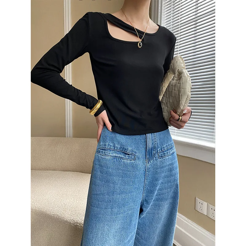 

Long-sleeved T-shirt Women Korean Fashion Solid Color Simple Skin-friendly Irregular Hollow Round Neck Slim Sexy Y2k Tops Tees