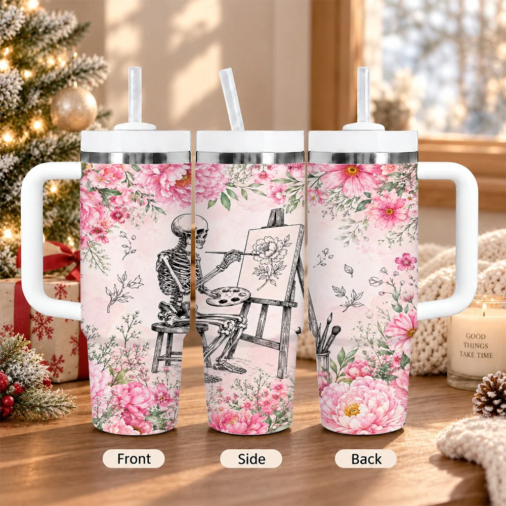 Skeleton Tea Party Vacuum Flasks 40oz Insulated Stainless Steel Tumbler with Handle & Straw, Hot Cold Gift Cup