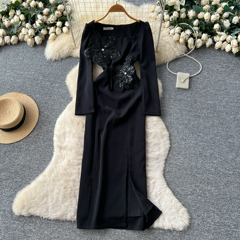 ชุดเดรสยาวปักลายสไตล์วินเทจเก๋ไก๋ แฟชั่นเกาหลี เสื้อผ้าผู้หญิงสำหรับฤดูใบไม้ร่วง ชุดสำหรับงานพิธี