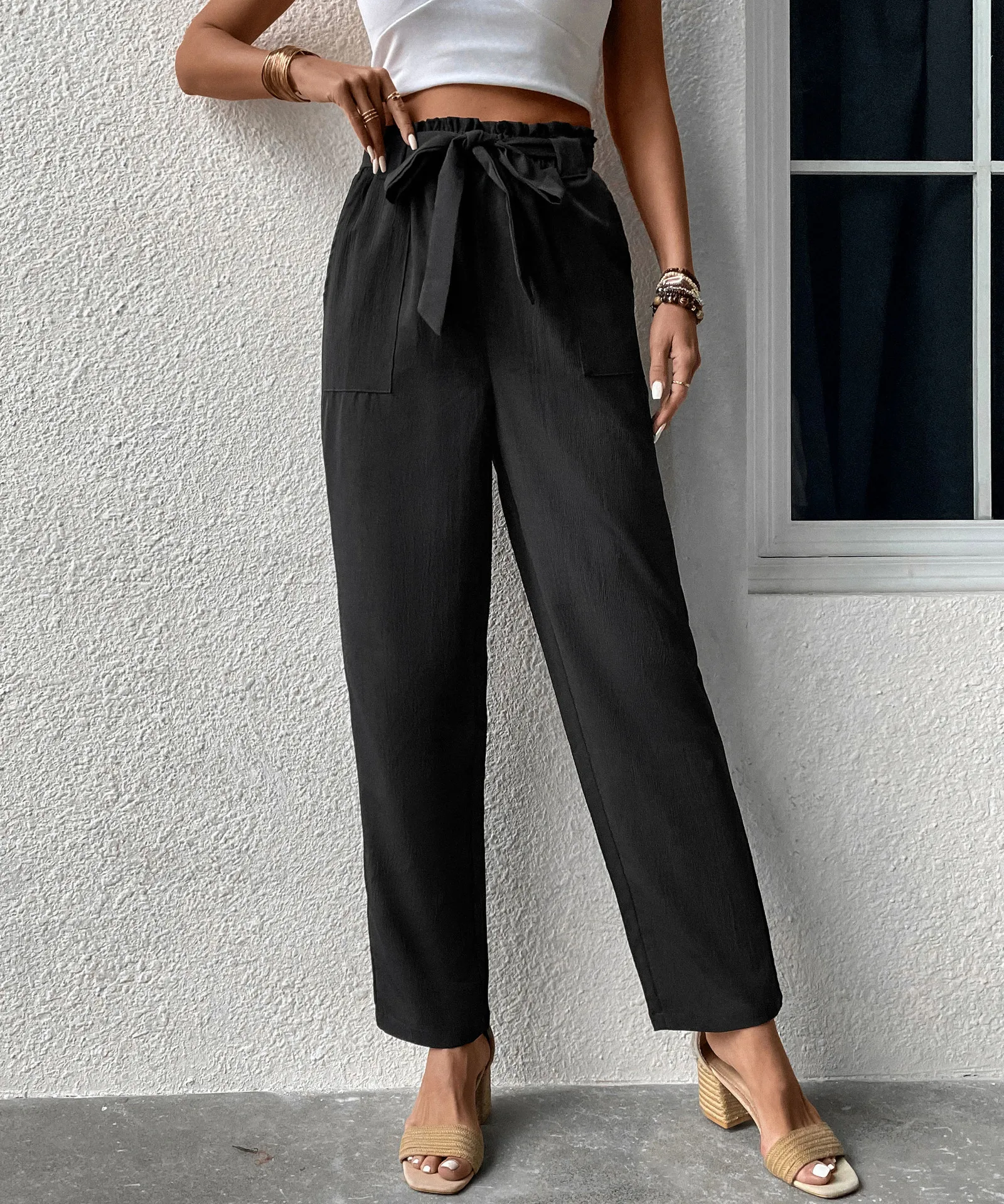 

2024 Summer New Women's Pocket Trousers Commuter Style Fashion Casual Lace-up Pants