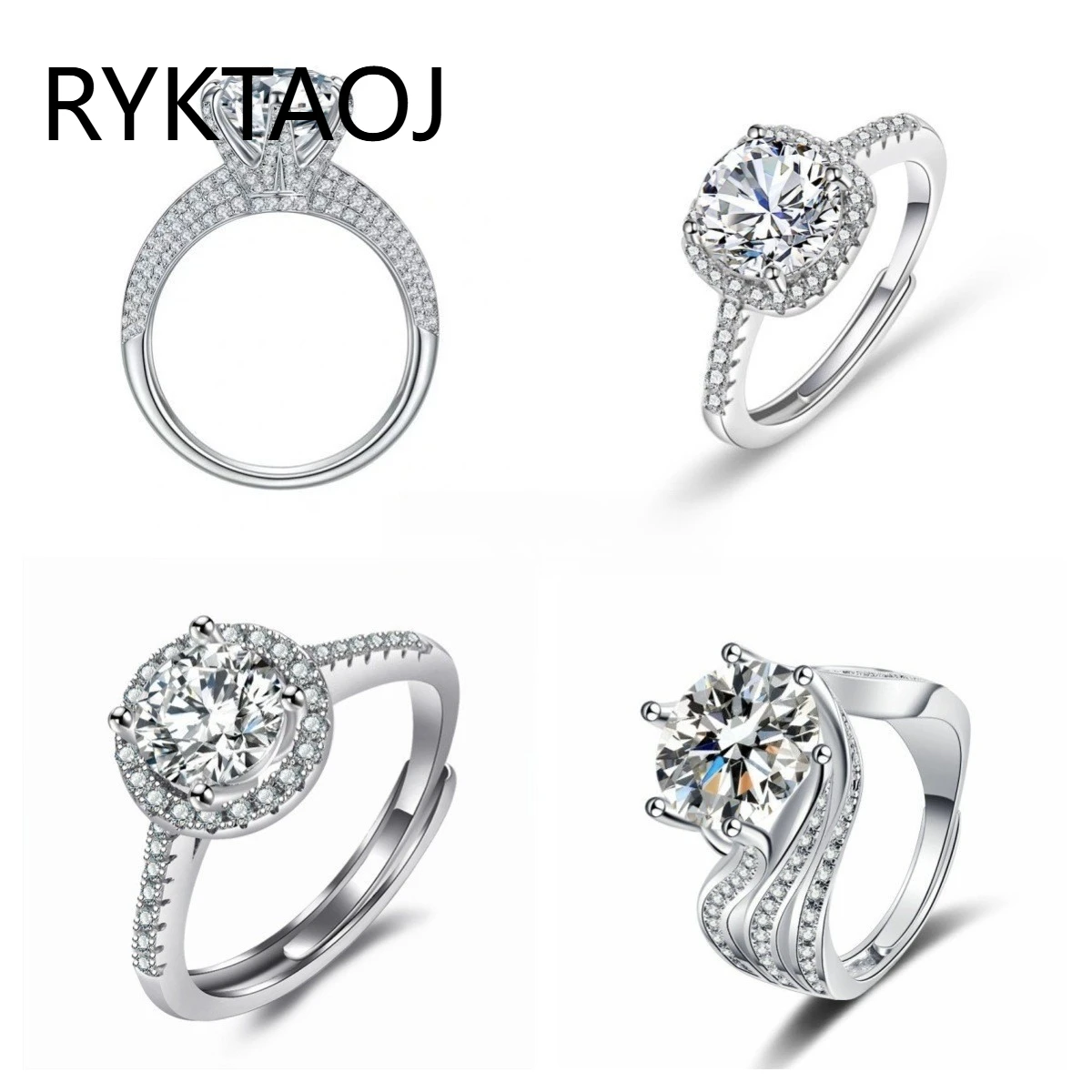 925 Sterling Silver Moissanite Engagement Ring Adjustable Open‑Band Halo Cubic Zirconia Wedding Rings for Women Jewelry Gift