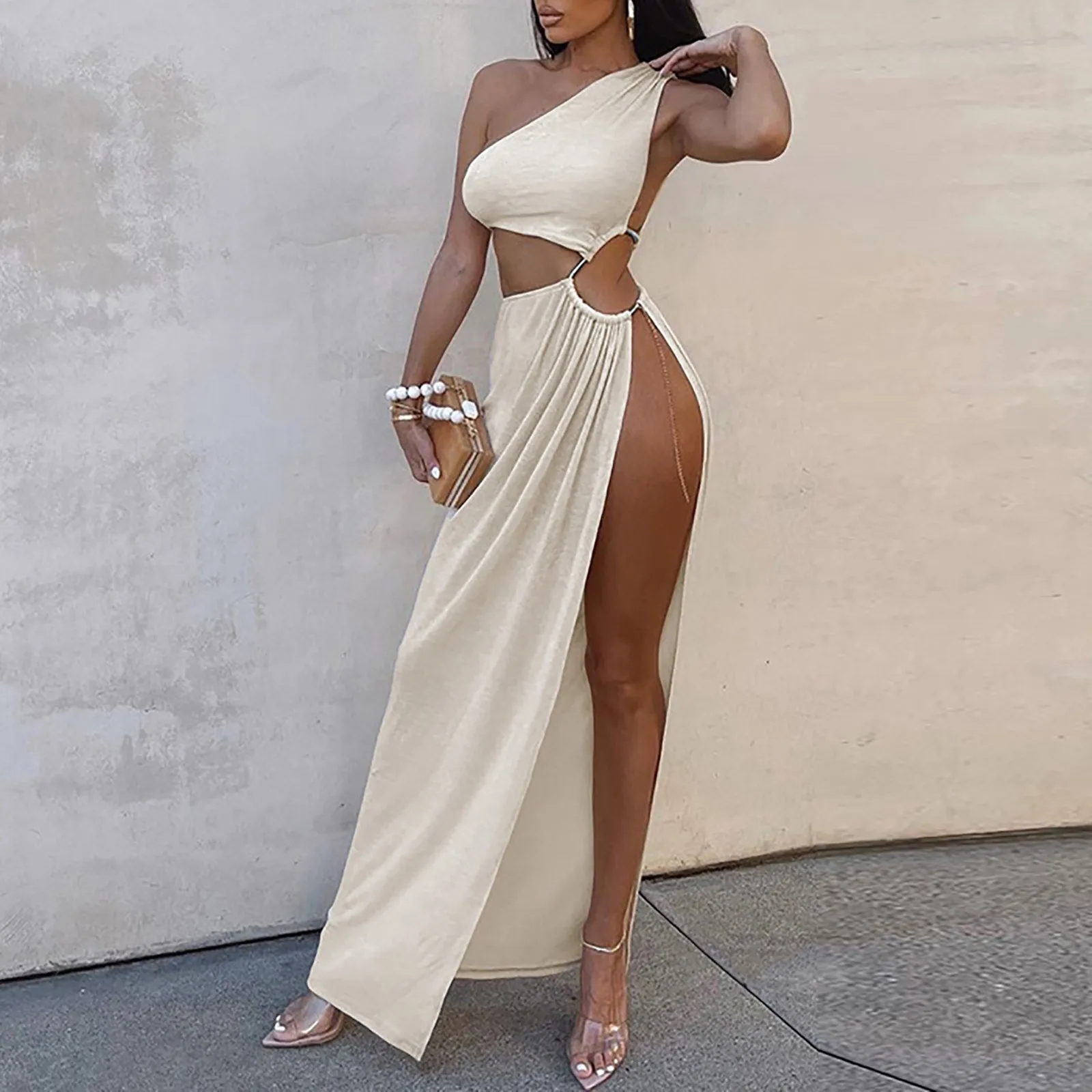 

Women's Sexy Hollow Out Beach Long Dresses 2024 New Fashion Solid Colour Slant Neck One Shoulder Tight Party Nightclub Dress